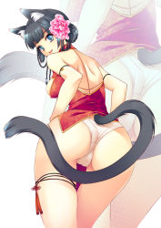 Rule 34 | 1girl, animal ears, ass, back, bad id, bad pixiv id, black hair, blue eyes, cat, cat ears, cat tail, china dress, chinese clothes, dress, flower, hair ornament, looking back, niko, niko (azurite), original, panties, solo, tail, underwear, zoom layer