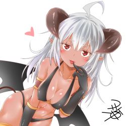 Rule 34 | 1girl, :p, ahoge, bat wings, bent over, bikini, black bikini, black gloves, breasts, cleavage, collarbone, dark skin, dark-skinned female, demon girl, demon horns, demon tail, demon wings, elbow gloves, gloves, heart, horns, looking at viewer, medium breasts, navel, original, pointy ears, red eyes, riel (yua), signature, silver hair, simple background, smile, solo, demon girl, swimsuit, tail, tan, tongue, tongue out, white background, wings, yua (checkmate)