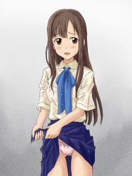 Rule 34 | 10s, 1girl, blue ribbon, blue skirt, bow, bow panties, bra visible through clothes, bralines, brown eyes, brown hair, clothes lift, commentary request, cowboy shot, crotch seam, dress shirt, gluteal fold, idolmaster, idolmaster cinderella girls, lielos, lifted by self, long hair, looking at viewer, miniskirt, mizumoto yukari, panties, parted lips, pleated skirt, ribbon, school uniform, see-through, shirt, short sleeves, skirt, skirt lift, smile, solo, standing, underwear, wet, wet clothes, white panties, white shirt, wringing clothes, wringing skirt