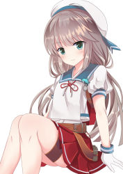 Rule 34 | 1girl, absurdres, belt, blush, depth charge, fathom, gloves, green eyes, hat, highres, kantai collection, light brown hair, long hair, low twintails, mikura (kancolle), pleated skirt, puffy short sleeves, puffy sleeves, red skirt, sailor collar, sailor hat, sailor shirt, school uniform, serafuku, shirt, short sleeves, simple background, skirt, smile, solo, twintails, white background, white gloves, white hat