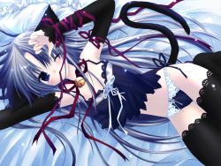 Rule 34 | 1girl, animal ears, babydoll, bed, bell, black babydoll, black panties, black thighhighs, blue hair, bow, bow panties, cat ears, cat tail, elbow gloves, gloves, highres, lingerie, long hair, panties, parted bangs, pure pure, ribbon, sakurazawa izumi, solo, tail, thighhighs, tobari (pure pure), underwear, wallpaper