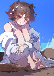 Rule 34 | 1girl, absurdres, animal ears, arknights, bare shoulders, barefoot, bikini, blue sky, blush, braid, brown eyes, brown hair, day, full body, highres, jacket, knees to chest, knees up, long sleeves, official alternate costume, open clothes, open jacket, outdoors, parted lips, roberta (arknights), roberta (summer flowers) (arknights), sao7, short hair, side braid, sitting, sketch, sky, smile, smug, swimsuit, water, white bikini, white jacket