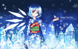 Rule 34 | 1girl, blue eyes, blue hair, cirno, crystal, female focus, ice, japanese clothes, kimono, lakuhito, matching hair/eyes, new year, snowflakes, solo, touhou