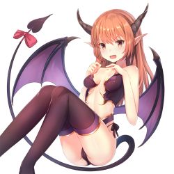 Rule 34 | 1girl, black thighhighs, blush, breasts, brown eyes, brown hair, character request, copyright request, demon girl, demon horns, demon tail, demon wings, fang, highres, horns, long hair, looking at viewer, open mouth, pointy ears, small breasts, smile, solo, sunsuke, tail, thighhighs, thighs, wings
