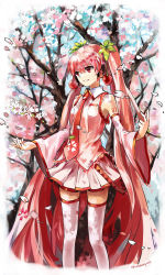 Rule 34 | 1girl, cherry, cherry blossoms, detached sleeves, female focus, food, fruit, hatsune miku, headset, highres, long hair, nature, necktie, outdoors, plant, qianshuhao, red eyes, red hair, sakura miku, skirt, solo, thighhighs, twintails, very long hair, vocaloid