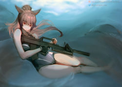 Rule 34 | 1girl, animal ears, assault rifle, warrior of light (ff14), bare shoulders, breasts, brown hair, cat ears, cat girl, cat tail, cleavage, commission, competition swimsuit, dark-skinned female, dark skin, facial mark, fictional persona, final fantasy, final fantasy xiv, gray bear, gun, holding, holding gun, holding weapon, long hair, looking at viewer, medium breasts, miqo&#039;te, one-piece swimsuit, partially submerged, patreon logo, patreon username, red eyes, rifle, slit pupils, solo, swimsuit, tail, twitter logo, twitter username, watermark, weapon, web address, whisker markings