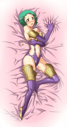 Rule 34 | 1girl, alternate costume, armor, atlus, bed, bed sheet, blush, broken armor, brown eyes, choker, clothing cutout, covering breasts, covering privates, dakimakura (medium), elbow gloves, embarrassed, gloves, green hair, high-cut armor (persona), high heels, highres, lying, navel cutout, open mouth, persona, persona 3, purple thighhighs, segami daisuke, sheet grab, shoes, short hair, single shoe, solo, tears, thighhighs, yamagishi fuuka
