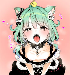 Rule 34 | 1girl, animal ears, bird, blush, breasts, cat ears, cat girl, chick, dress, green hair, hair ornament, hololive, looking at viewer, nipples, open mouth, oral invitation, red eyes, saliva, skull hair ornament, small breasts, smile, solo, tongue, tongue out, uruha rushia, uruha rushia (3rd costume), uvula, virtual youtuber, waiting for cum, yazawa oke