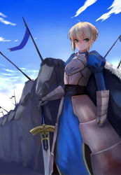 Rule 34 | 1girl, ahoge, armor, armored dress, artoria pendragon (fate), blonde hair, dress, excalibur (fate/stay night), fate/stay night, fate (series), flag, ganida boushoku, green eyes, highres, horse, saber (fate), solo, sword, weapon