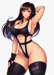 Rule 34 | 1girl, abs, arm up, armpits, bare shoulders, black hair, breasts, final fantasy, final fantasy vii, final fantasy vii rebirth, final fantasy vii remake, gloves, highres, iahfy, large breasts, long hair, low-tied long hair, navel, red eyes, simple background, smile, solo, thick thighs, thighhighs, thighs, tifa lockhart, toned female, white background