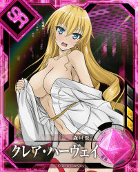 Rule 34 | 1girl, blonde hair, blue eyes, breasts, card (medium), claire harvey, earrings, hundred (light novel), japanese clothes, jewelry, large breasts, long hair, looking at viewer, navel, official art