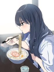 Rule 34 | 1girl, black hair, blue eyes, blurry, blurry background, chopsticks, commentary request, eating, elbow rest, food, from side, gawako, highres, holding, holding chopsticks, light blush, long hair, noise, noodles, original, profile, ramen, shirt, short sleeves, solo, white shirt, window