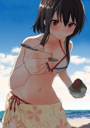 Rule 34 | 10s, 1girl, angry, beach, bikini, bikini top only, black hair, blush, breasts, cleavage, day, food, frilled bikini, frills, hair between eyes, highres, holding, holding food, holding spoon, kantai collection, looking at viewer, masukuza j, medium breasts, navel, ocean, outdoors, red eyes, shaved ice, short hair, sidelocks, solo, spoon, standing, swimsuit, yamashiro (kancolle)