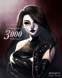 1girl absurdres artist_name bare_shoulders black_dress black_gloves black_lips blurry breasts chromatic_aberration closed_mouth colored_skin commentary_request creepypasta dress elbow_gloves gloves hair_behind_ear hair_over_one_eye hand_up highres hollow_eyes jane_the_killer large_breasts long_hair looking_at_viewer milestone_celebration realistic red_background shiny_clothes sidelighting simple_background sleeveless sleeveless_dress smile solo turtleneck turtleneck_dress unimagurooo upper_body white_skin