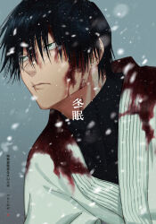 Rule 34 | 1boy, absurdres, black hair, blood, blood on face, cover, cover page, expressionless, fushiguro touji, green eyes, highres, jj59u, jujutsu kaisen, looking ahead, male focus, sanpaku, scar, scar on face, scar on mouth, short hair, snowing, solo, translation request, upper body