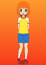 Rule 34 | 1girl, arms behind back, artist request, child, daughter (yoru mac), female focus, gradient background, green eyes, happy, highres, looking at viewer, mcdonald&#039;s, open mouth, orange background, orange hair, shirt, simple background, skirt, solo, standing, yoru mac