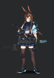 Rule 34 | 1girl, absurdres, amiya (arknights), animal ears, arknights, armband, bad id, bad pixiv id, blue eyes, brown hair, cbj-ms, commentary, earpiece, explosive, foregrip, full body, gloves, grenade, gun, handgun, highres, holding, holding gun, holding weapon, knee pads, laser, laser pointer projection, laser sight, load bearing equipment, machine pistol, pouch, rabbit girl, revolver, simple background, single knee pad, solo, submachine gun, suppressor, thighhighs, trigger discipline, uzi, weapon, yakumo ling