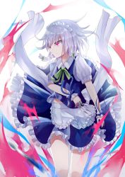 Rule 34 | 1girl, apron, aura, blue skirt, blue vest, braid, collared shirt, commentary request, frilled skirt, frills, green ribbon, highres, holding, holding knife, izayoi sakuya, knife, looking to the side, maid headdress, midriff, neck ribbon, puffy short sleeves, puffy sleeves, ribbon, sakizaki saki-p, shirt, short hair, short sleeves, side braid, silver hair, skirt, solo, touhou, twin braids, vest, waist apron, white background, white shirt