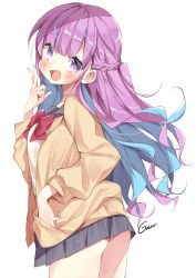 Rule 34 | 1girl, :d, ass, black skirt, blue hair, blush, bow, bowtie, braid, breasts, cardigan, colored inner hair, gau (n00 shi), highres, hololive, long hair, long sleeves, looking at viewer, medium breasts, minato aqua, multicolored hair, open mouth, pleated skirt, purple eyes, purple hair, red bow, red bowtie, school uniform, simple background, single braid, skirt, smile, solo, two-tone hair, virtual youtuber, white background, yellow cardigan