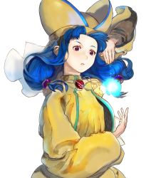 Rule 34 | 1girl, blue hair, breasts, brown eyes, dragon quest, dragon quest vii, dress, fosse (dq7), hair bobbles, hair ornament, hat, long hair, looking at viewer, magic, robe, simple background, solo, tetuhei, twintails, white background