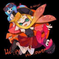 Rule 34 | 1girl, @ @, absurdres, bare shoulders, black shirt, blonde hair, chinese clothes, detached sleeves, fangs, glasses, halloween, halloween costume, hand up, happy halloween, hat, head tilt, highres, inkling, inkling girl, inkling player character, jiangshi, jiangshi costume, jumping, long hair, looking at viewer, nintendo, octopus, ofuda, ofuda on head, open mouth, pink sleeves, pointy ears, qingdai guanmao, red skirt, sahata saba, shirt, simple background, skirt, smile, splatoon (series), squid, sunglasses, tentacle hair