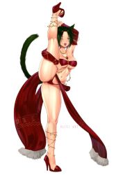 Rule 34 | 1girl, animal ears, anklet, arm behind head, arm up, artist name, warrior of light (ff14), breasts, cat ears, cat tail, commission, dancer (final fantasy), facial mark, fictional persona, final fantasy, final fantasy xiv, green eyes, green hair, high heels, jewelry, miqo&#039;te, navel, one eye closed, open mouth, panties, red footwear, red panties, short hair, simple background, solo, split, standing, standing on one leg, standing split, tail, teeth, uliel, underwear, upper teeth only, white background
