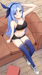 Rule 34 | 1girl, :t, ahoge, arm up, bare arms, bare shoulders, black shirt, black shorts, blue eyes, blue hair, blue thighhighs, borrowed character, breasts, cleavage, collarbone, couch, crop top, from above, frown, hair ribbon, highres, kaetzchen, long hair, looking at viewer, medium breasts, micro shorts, midriff, bae minah (chaesu), navel, nike (company), on couch, original, pout, ribbon, shirt, shoes, short shorts, shorts, sitting, skindentation, sleeveless, sleeveless shirt, sneakers, solo, spaghetti strap, stomach, thighhighs, thighs, very long hair, white footwear