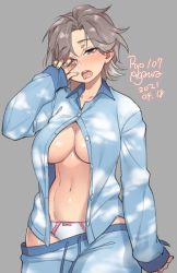 Rule 34 | 1girl, 2021, agawa ryou, blush, bow, bow panties, breasts, brown hair, commentary, dated, english commentary, grey background, large breasts, looking at viewer, navel, original, panties, short hair, simple background, sleepy, solo, underboob, underwear, white panties