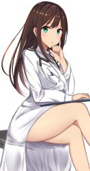 Rule 34 | 1girl, absurdres, blush, breasts, brown hair, chair, clenched hand, crossed legs, doctor, earrings, green eyes, hand on own chin, highres, idolmaster, idolmaster cinderella girls, idolmaster cinderella girls starlight stage, jewelry, lab coat, long hair, long sleeves, looking at viewer, medium breasts, mizukoshi (marumi), on chair, open mouth, pen in pocket, shibuya rin, simple background, sitting, solo, stethoscope, white background