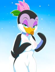 Rule 34 | bad tag, bird, blush, body blush, breast blush, breasts, choker, don bluth, eyeliner, eyeshadow, featureless breasts, featureless crotch, female focus, flower, furry, gradient background, green eyes, jewelry, makeup, marina (the pebble and the penguin), medium breasts, necklace, penguin, plant, simple background, snow, solo, the pebble and the penguin, zebra10045