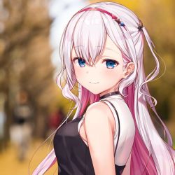 Rule 34 | 1girl, bare shoulders, black dress, blue eyes, blurry, blurry background, blush, breasts, choker, closed mouth, day, dress, from side, gradient hair, hair between eyes, hair ornament, hairband, highres, komeshiro kasu, looking at viewer, looking back, medium breasts, multicolored hair, musubime yui, one side up, outdoors, pink hair, pink hairband, saikyou virtual talent audition, sidelocks, sleeveless, sleeveless dress, smile, solo, tareme, upper body, virtual youtuber