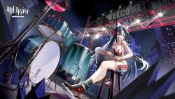 Rule 34 | 1girl, absurdres, animal ears, arknights, bare arms, bare legs, bare shoulders, black hair, blaze (arknights), blaze (burst feline) (arknights), blue eyes, boots, breasts, camisole, cat ears, cleavage, commentary request, crop top, drum, drum set, dutch angle, headphones, headset, highres, infection monitor (arknights), instrument, large breasts, long hair, looking at viewer, messy hair, midriff, official alternate costume, shorts, sitting, solo, spaghetti strap, stool, very long hair, white shorts, xhongxi