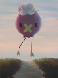 Rule 34 | absurdres, black eyes, cloud, commentary request, creatures (company), day, drifloon, floating, full body, game freak, gen 4 pokemon, grass, highres, looking at viewer, luna mokamoka, nintendo, no humans, outdoors, path, pokemon, pokemon (creature), road, sky, solo