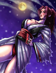Rule 34 | 1girl, amputee, arc system works, baiken, bare shoulders, breasts, cleavage, collarbone, dutch angle, facial mark, facial tattoo, female focus, forehead mark, full moon, fundoshi, guilty gear, hand on own hip, japanese clothes, kataginu, kimono, kiri hana, large breasts, lips, long hair, moon, night, night sky, one-eyed, pink eyes, pink hair, ponytail, scar, scar across eye, scar on face, sky, snowing, solo, tattoo