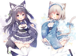 Rule 34 | 2girls, absurdres, animal ear fluff, animal ears, bell, black hair, black kimono, blue kimono, blush, breasts, brown eyes, brown hair, cat ears, cat tail, choker, cleavage, cleavage cutout, clothing cutout, fang, fox ears, fox tail, guild cq, hand to own mouth, highres, itou yuna, japanese clothes, jingle bell, kimono, leg up, long hair, maid headdress, momozu komamochi, multiple girls, obi, one eye closed, open mouth, purple eyes, quon tama, sandals, sash, short hair, smile, standing, standing on one leg, tail, thigh strap, thighhighs, thighs, two side up, virtual youtuber, white legwear