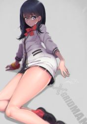 Rule 34 | 10s, 1girl, absurdres, ayaki, black hair, black skirt, blue eyes, blurry, blush, cardigan, closed mouth, commentary request, depth of field, gridman universe, highres, loafers, long hair, long sleeves, looking at viewer, lying, on side, pleated skirt, red legwear, red neckwear, school uniform, scrunchie, shirt, shoes, skirt, solo, ssss.gridman, takarada rikka, thighs, white shirt, wrist scrunchie