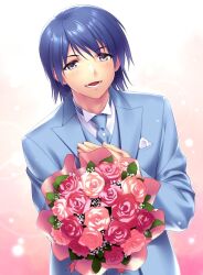 Rule 34 | 1boy, angel beats!, black necktie, blue eyes, blue hair, blue suit, bouquet, collared shirt, commentary request, commission, eyelashes, flower, formal, gradient background, hair between eyes, hand up, hinata hideki, holding, holding bouquet, incoming gift, light blush, long sleeves, looking at viewer, lower teeth only, necktie, open mouth, pink background, pink flower, pink rose, red flower, red rose, rose, shirt, short hair, simple background, skeb commission, smile, solo, stab, suit, teeth, upper body, white flower, white rose, white shirt, zen (kamuro)