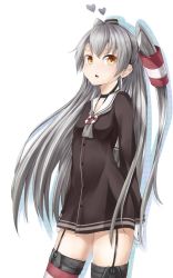Rule 34 | 10s, 1girl, amatsukaze (kancolle), brown eyes, garter straps, gloves, hair tubes, hairband, hat, heart, kantai collection, long hair, looking at viewer, open mouth, silver hair, solo, thighhighs, two side up, xiaodi