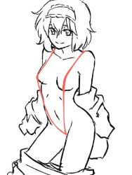 Rule 34 | 1girl, alice margatroid, breasts, collarbone, hairband, looking at viewer, navel, nip to chip, partially colored, short hair, simple background, sketch, slingshot swimsuit, small breasts, smile, solo, swimsuit, touhou, undressing, white background