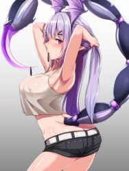 Rule 34 | 1girl, arknights, armpits, ass, belt, blush, breasts, cowboy shot, crop top, hair ornament, hair tie in mouth, hairclip, head wings, hiruno, holding, holding hair, long hair, looking at viewer, manticore (arknights), mouth hold, pointy ears, purple eyes, purple hair, scorpion tail, shorts, solo, tail, twintails, wings