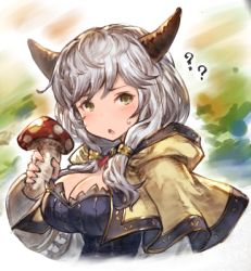 Rule 34 | 10s, 1girl, :o, ?, benitama, blush, breasts, capelet, caplet, cleavage, draph, granblue fantasy, green eyes, horns, kumuyu, large breasts, looking at viewer, low twintails, mushroom, silver hair, solo, twintails, upper body
