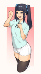 Rule 34 | 1girl, :d, black hair, black ribbon, black thighhighs, blue eyes, blue shirt, blush, border, bow, copyright request, cowboy shot, dyun, hair bow, hands up, highres, looking at viewer, neck ribbon, open mouth, paw pose, pink background, ribbon, shirt, short sleeves, shorts, signature, smile, solo, standing, thighhighs, twintails, white border, white shorts