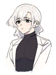 1girl blue_archive earrings female_sensei_(blue_archive) jewelry lab_coat saionji_mayoi sensei_(blue_archive) turtleneck white_background white_hair