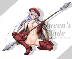 Rule 34 | 00s, alleyne (queen&#039;s blade), alleyne (queen's blade), alternate color, bandaid, bandaid on pussy, bandaids on nipples, beret, blush, boots, braid, cape, elbow gloves, elf, fighting master alleyne, gloves, hat, naked cape, nude, pasties, pointy ears, polearm, purple hair, queen&#039;s blade, side braid, solo, staff, takatan, thigh boots, thighhighs, weapon