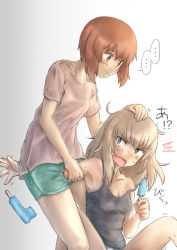 Rule 34 | ..., 2girls, ^^^, absurdres, arm between legs, armpits, bad id, bad pixiv id, black shirt, blue eyes, blush, breasts, brown eyes, brown hair, camp, closed mouth, commentary, ennui orz, fang, food, frown, girls und panzer, gradient background, green shirt, grey background, hand on another&#039;s head, highres, holding, holding food, itsumi erika, leaning forward, long hair, looking at another, looking back, medium breasts, motion lines, multiple girls, nishizumi miho, open mouth, popped collar, restrained, shirt, short shorts, shorts, silver hair, sitting, skin fang, smile, spoken ellipsis, standing, strap slip, submission hold, sweat, t-shirt, white shirt, wrestling