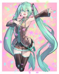 Rule 34 | 1girl, absurdres, aqua hair, armpits, black thighhighs, boots, commentary request, deluxe&lt;&lt;&lt;, detached sleeves, hatsune miku, headset, highres, long hair, music, nail polish, necktie, open mouth, pleated skirt, singing, skirt, sleeveless, solo, thigh boots, thighhighs, twintails, very long hair, vocaloid