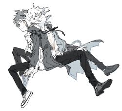 Rule 34 | 2boys, back-to-back, closed eyes, closed mouth, coat, danganronpa (series), danganronpa 2: goodbye despair, dirty, dirty face, full body, greyscale, hair between eyes, highres, hinata hajime, komaeda nagito, long sleeves, male focus, messy hair, monochrome, multiple boys, necktie, open clothes, open coat, pants, r9rpd, shirt, shoes, simple background, sitting, spot color, yaoi