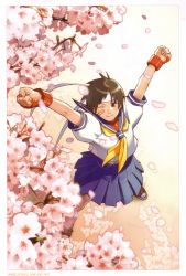 Rule 34 | 1girl, ;), arms up, bandaid, bandaid on face, blue sailor collar, brown eyes, brown hair, capcom, cherry blossoms, edaki shin&#039;ya, fingerless gloves, flower, from above, full body, gloves, headband, highres, kasugano sakura, legs apart, looking at viewer, looking up, name connection, neckerchief, object namesake, one eye closed, petals, pleated skirt, sailor collar, school uniform, serafuku, shoes, short hair, skirt, smile, sneakers, standing, street fighter, stretching, wink