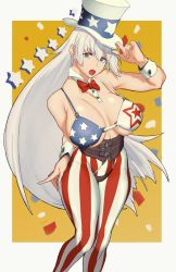 Rule 34 | 1girl, american flag, american flag hat, american flag print, bad id, bad twitter id, bare shoulders, breasts, breasts apart, cowboy shot, destiny child, detached collar, flag print, hand on headwear, hat, hera (destiny child), highres, huge breasts, kaoruko (unkrk55), long hair, open mouth, pants, solo, striped clothes, striped pants, top hat, vertical-striped clothes, vertical-striped pants, very long hair, white hair, wrist cuffs