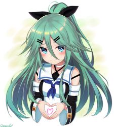 Rule 34 | 1girl, artist name, bare shoulders, black bow, blue neckerchief, blush, bow, breasts, collar, commentary, criss-cross halter, detached sleeves, green eyes, green hair, hair between eyes, hair bow, halterneck, heart, heart-shaped pupils, heart hands, highres, kantai collection, long hair, looking at viewer, medium breasts, neckerchief, off shoulder, parted bangs, sailor collar, sazamiso rx, sidelocks, simple background, solo, symbol-shaped pupils, upper body, white background, wide sleeves, yamakaze (kancolle)